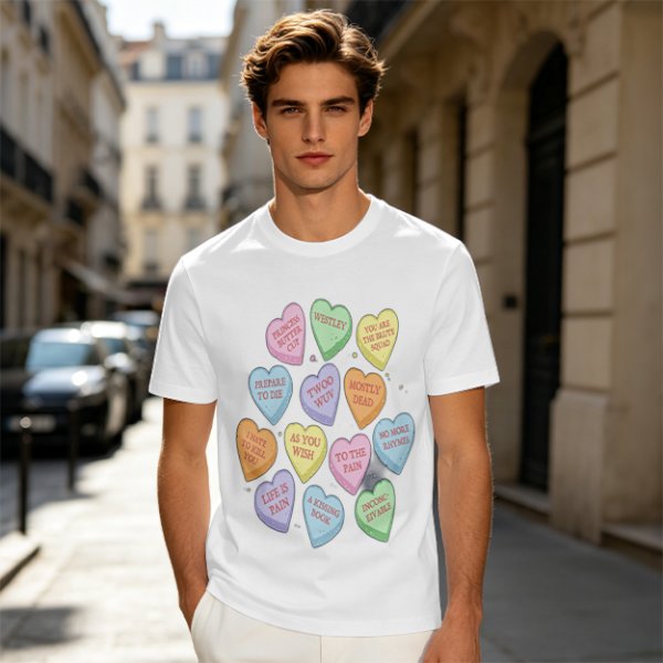 Olive T-shirt with Princess Bride themed conversation heart candies
