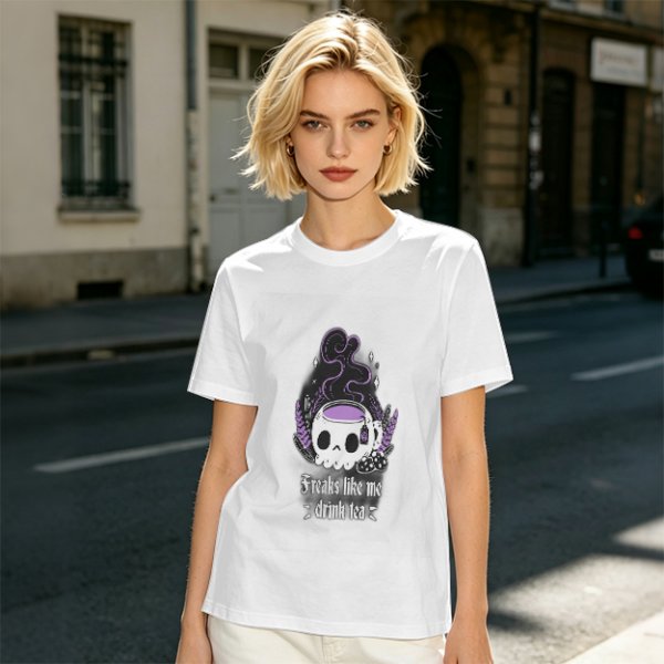 Olive graphic t-shirt with skull tea cup and 'Freaks like me drink tea' text