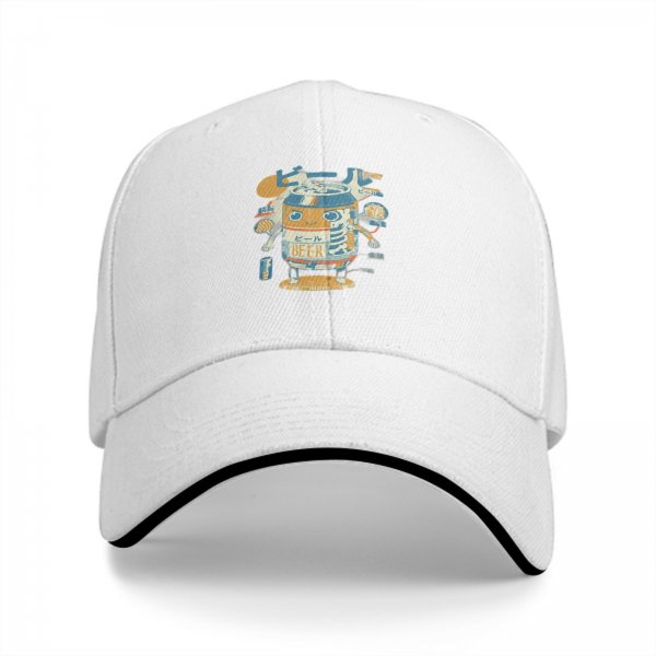 Black baseball cap with cartoon beer can robot graphic