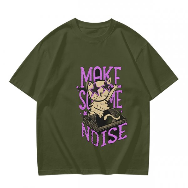 Olive T-Shirt with DJ Cat Graphic and Make Some Noise Text