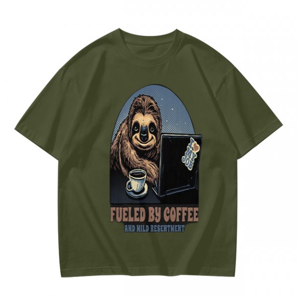 Sloth working on laptop with coffee fueled by coffee and mild resentment t-shirt