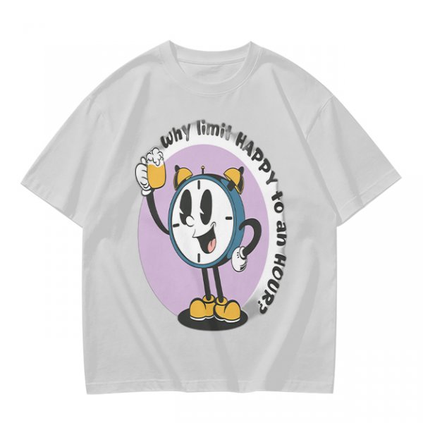 Olive T-Shirt With Cartoon Clock Holding Beer 'Happy Hour' Print