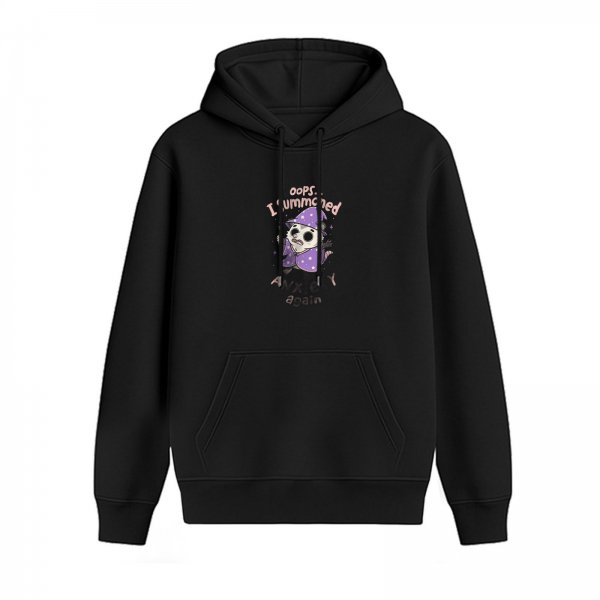 Black hoodie with oops I summoned anxiety again wizard panda print