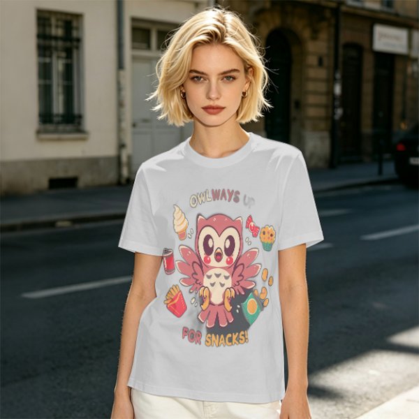 Owlways For Snacks Cute Graphic T-Shirt with Owl and Treats