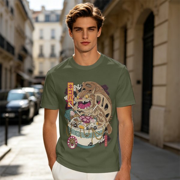 Olive t-shirt with cat bus ramen bowl graphic print