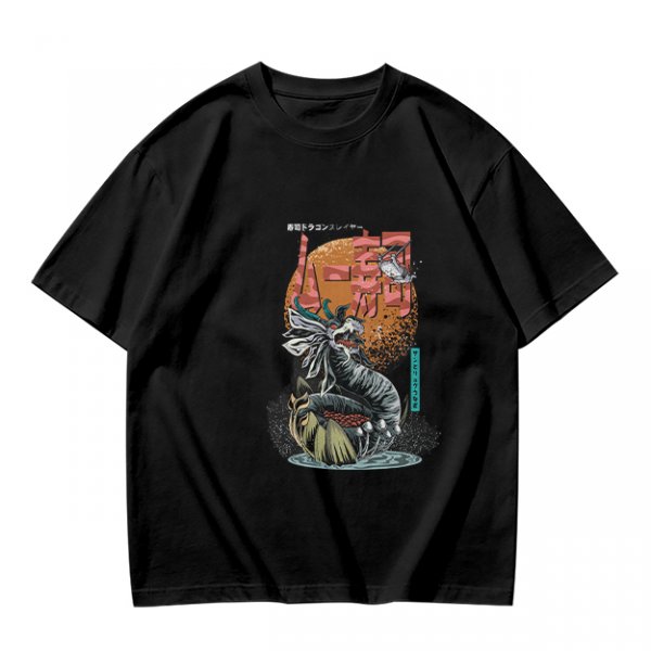 Olive T-Shirt with Japanese Dragon and Sun Graphic Print