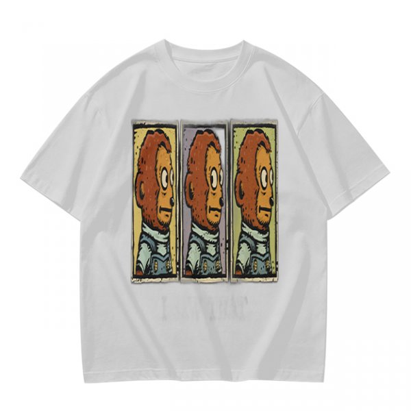 Olive Green T-Shirt With Three Panel Cartoon Monkey Head Print