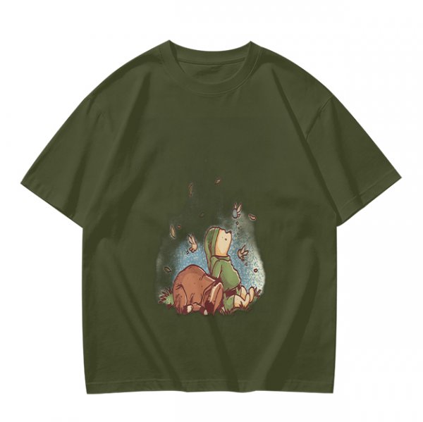 Olive green t-shirt with whimsical elf and dog artwork