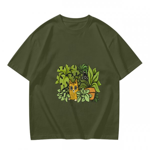 Olive T-Shirt With Playful Cat And House Plants Graphic
