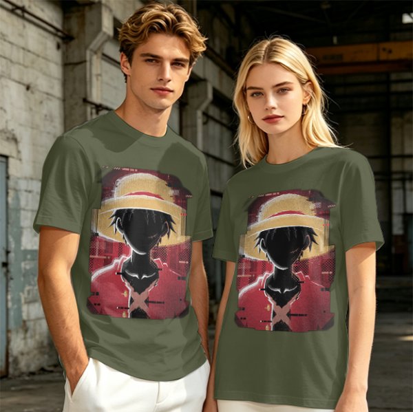 Olive T-shirt with Glitch Art Monkey D Luffy Straw Hat Print