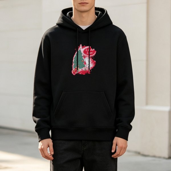 Black Hoodie With Christmas Tree And Festive Red Graphic Print