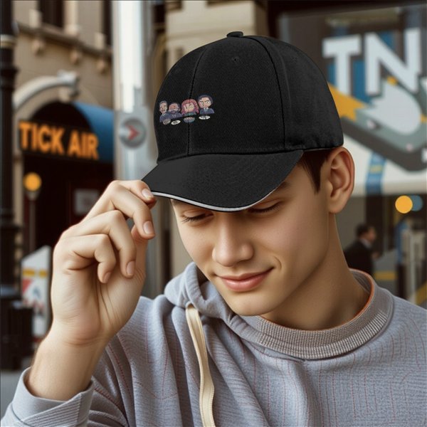 Black baseball cap with cartoon characters eating at table print