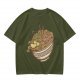 Olive Green T-Shirt With Illustrated Noodle Bowl Print