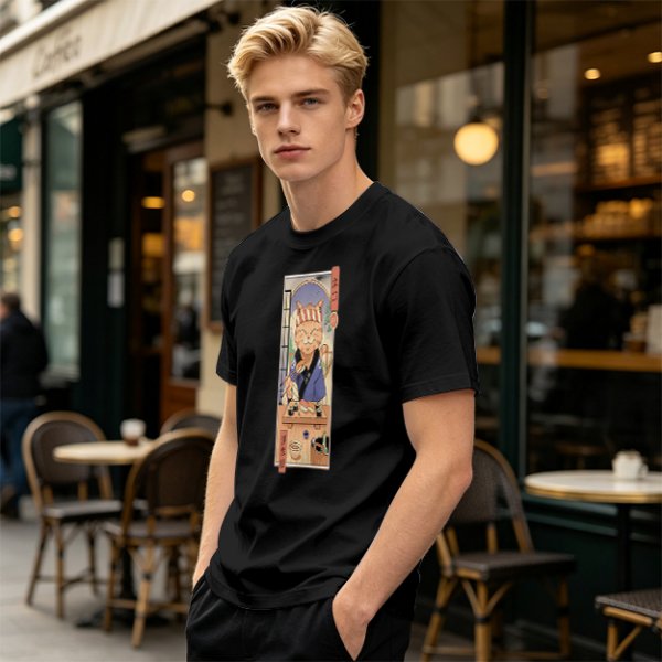 Olive T-Shirt with Japanese Style Sushi Chef Cat Print