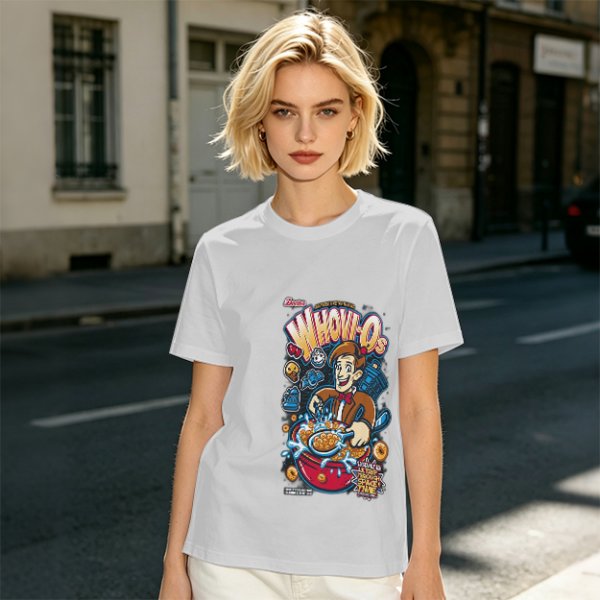 Olive t-shirt with Doctor Who themed Whov-Os cereal print