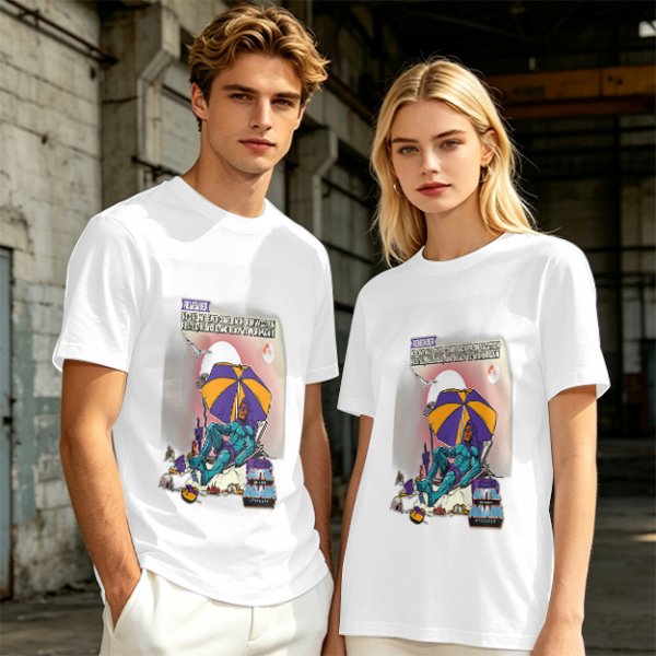 Olive T-shirt with Superhero Lounging Under Beach Umbrella Print