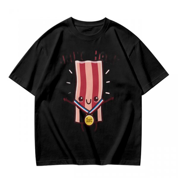 Olive T-Shirt With Cartoon Bacon Champion Medal Print