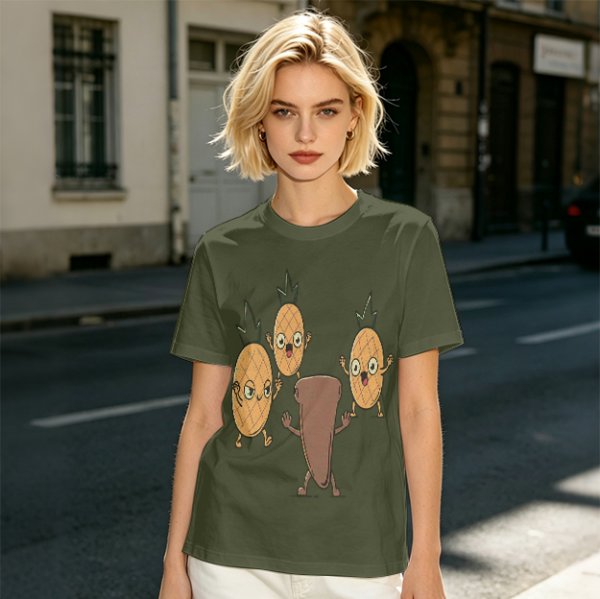Olive T-Shirt With Cartoon Pineapples And Brown Character Graphic