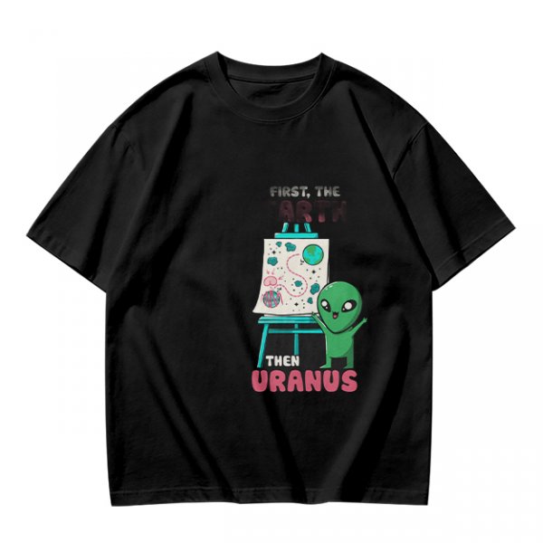 Olive green graphic tee with alien painting 'First the Earth Then Uranus'