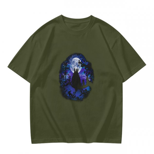 Olive T-Shirt With Night Sky Wolf Howling At Moon Graphic