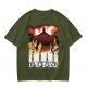Olive T-Shirt With Anime Characters Crossing Burning Street Print