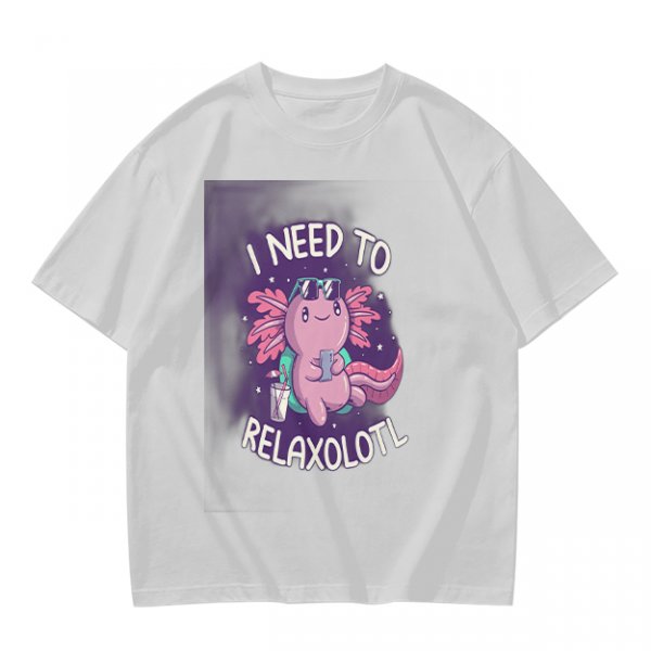 Olive t-shirt with axolotl 'I need to relaxolotl' graphic