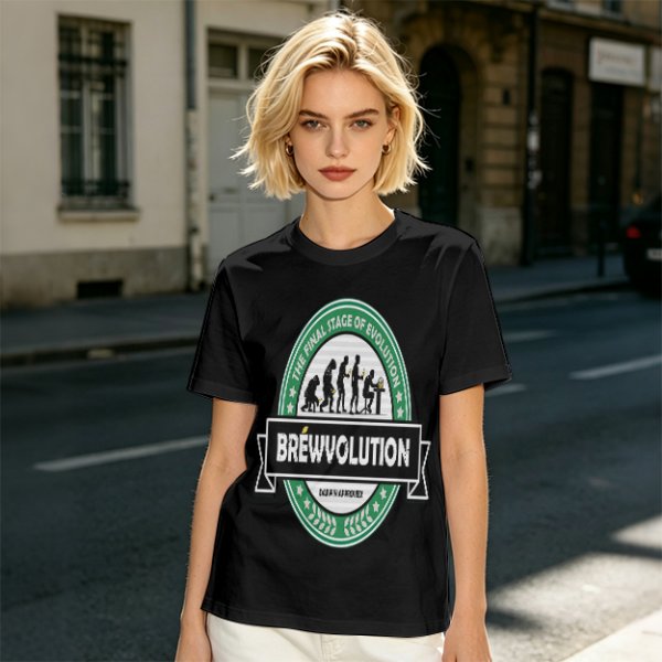 Olive t-shirt with 'Brewvolution' beer evolution graphic design
