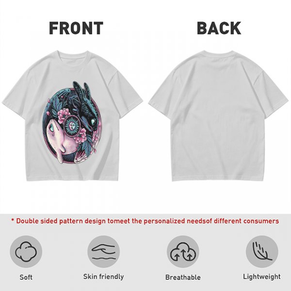 Olive T-Shirt with Yin Yang Dragon Floral Sun Moon Art