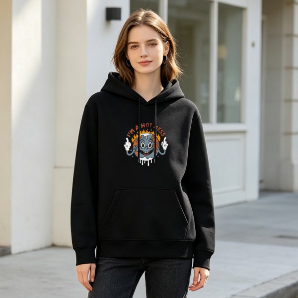 Black Hoodie with 'I'm a Hot Mess' Melting Earth Cartoon Graphic