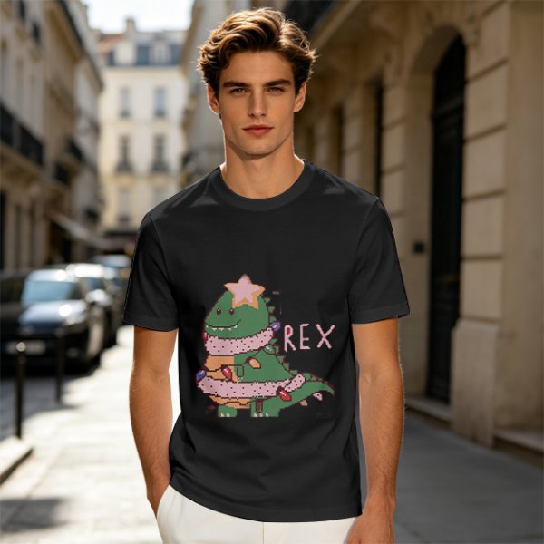 Olive T-shirt with Christmas T-Rex Dinosaur Graphic