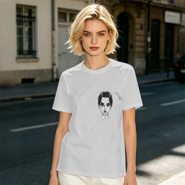 Oversized Olive T-Shirt With Wednesday Addams Portrait Print
