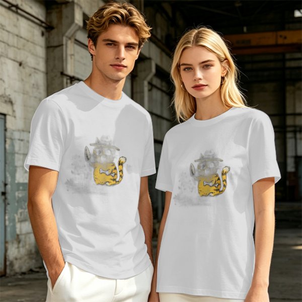 Olive T-Shirt With Whimsical Cat Fish Hybrid Graphic