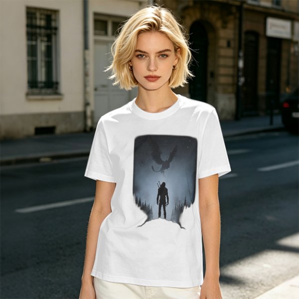 Olive T-Shirt With Dark Fantasy Silhouette Print Of Warrior And Winged Beast