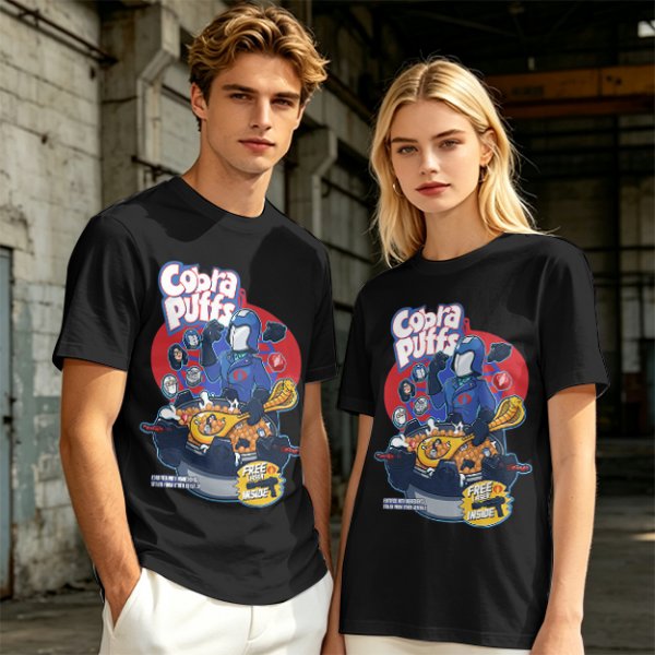 Cobra Puffs Cereal Parody T-Shirt with Villain Graphic