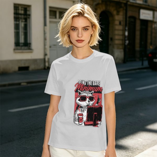 Olive graphic t-shirt with raccoon doing the bare minimum at computer
