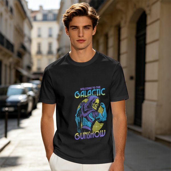 Olive T-shirt with Galactic Gunshow Skeleton Graphic Print
