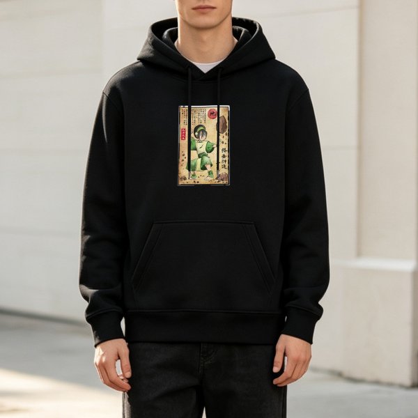 Black Hoodie With Earthbender Character Art Print