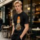 Olive T-shirt with cartoon muscular character meditating surrounded by candles
