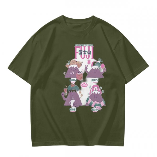 Olive green t-shirt with playful Mount Fuji character graphic print