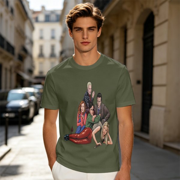 Olive Green T-Shirt with Buffy The Vampire Slayer Character Art Print