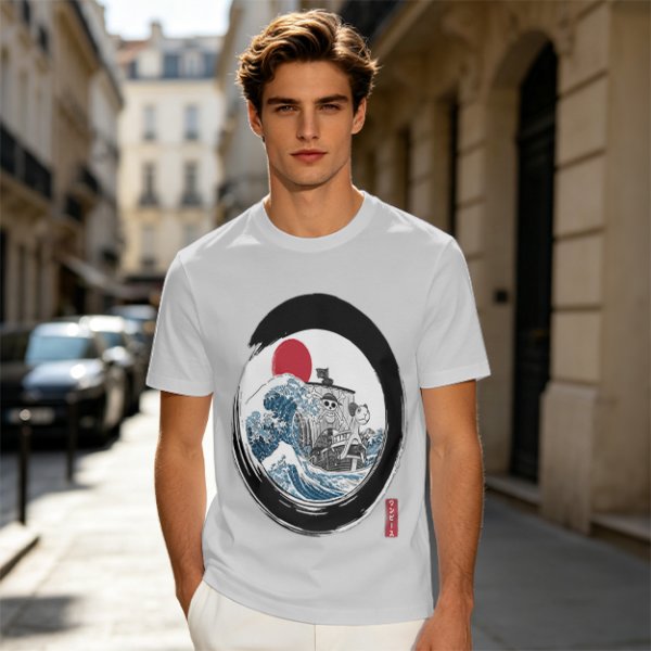 Olive T-shirt with Great Wave Enso Circle and Red Sun Print
