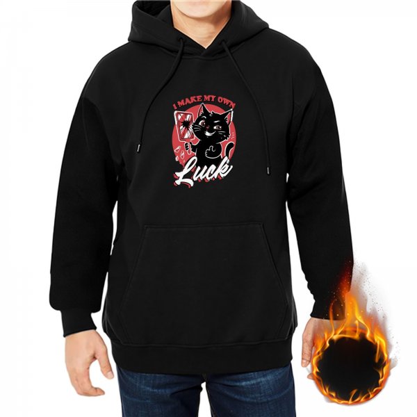 Black hoodie with 'I Make My Own Luck' black cat graphic