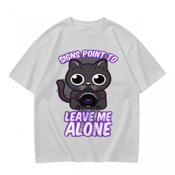Olive t-shirt with a black cat holding a magic 8 ball and text 'Signs Point To Leave Me Alone'