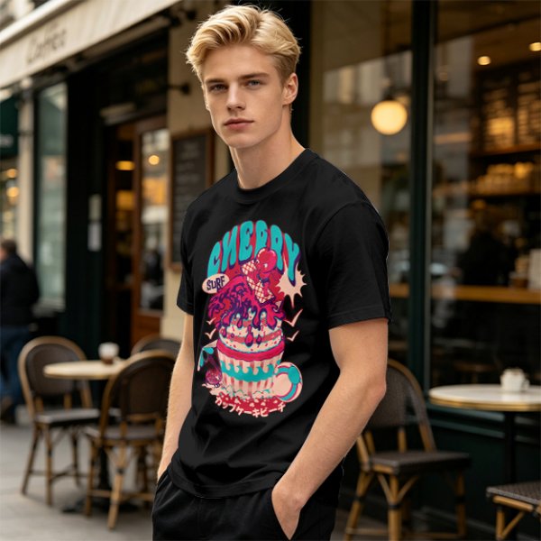 Olive T-shirt with Cherry Surf Cupcake Beach Graphic Print