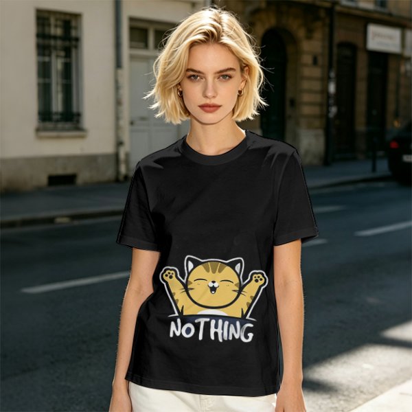Olive T-Shirt with Happy Raised Paw Cat and 'NOTHING' Print