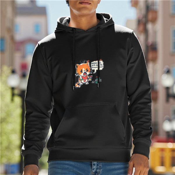 Black hoodie with angry cartoon cat graphic and funny text