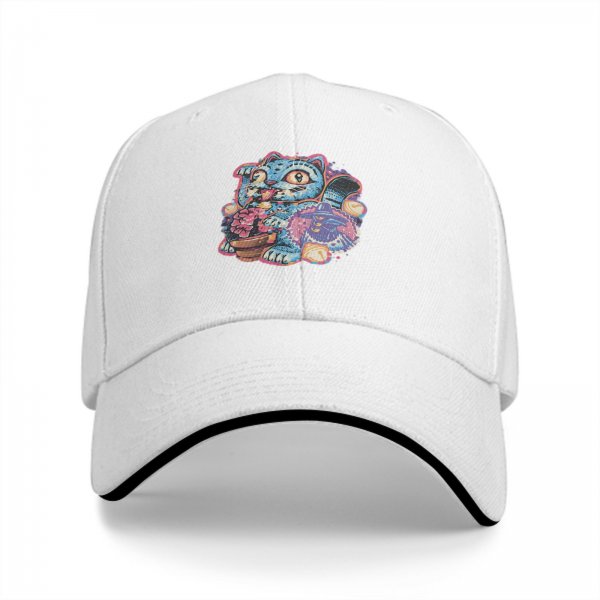 Black Baseball Cap With Whimsical Blue Cat Art Print