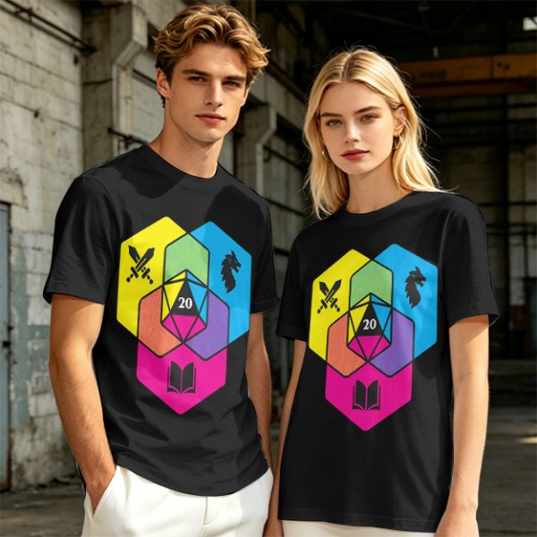 Olive T-Shirt With D20 And Fantasy RPG Themed Hexagon Art