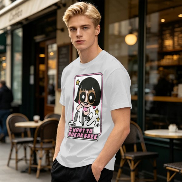 Olive green graphic t-shirt with Powerpuff-style character and 'I Want To Break Free' text