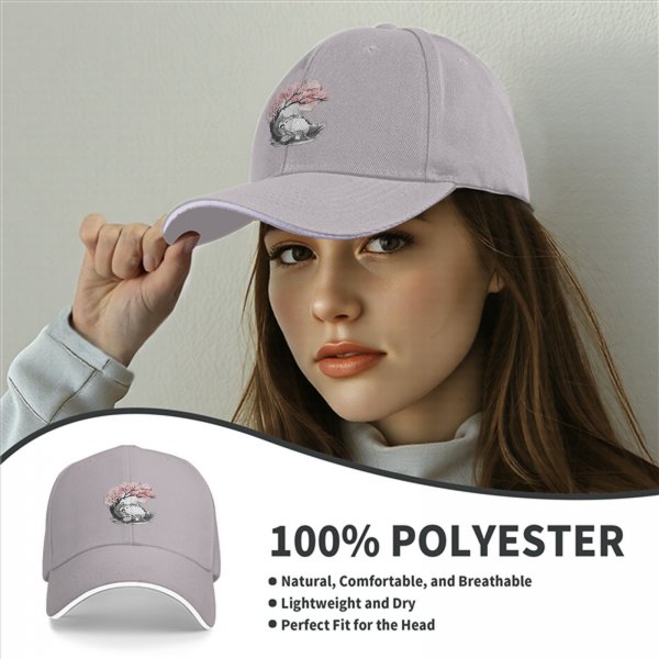Black baseball cap with Totoro under cherry blossom tree print